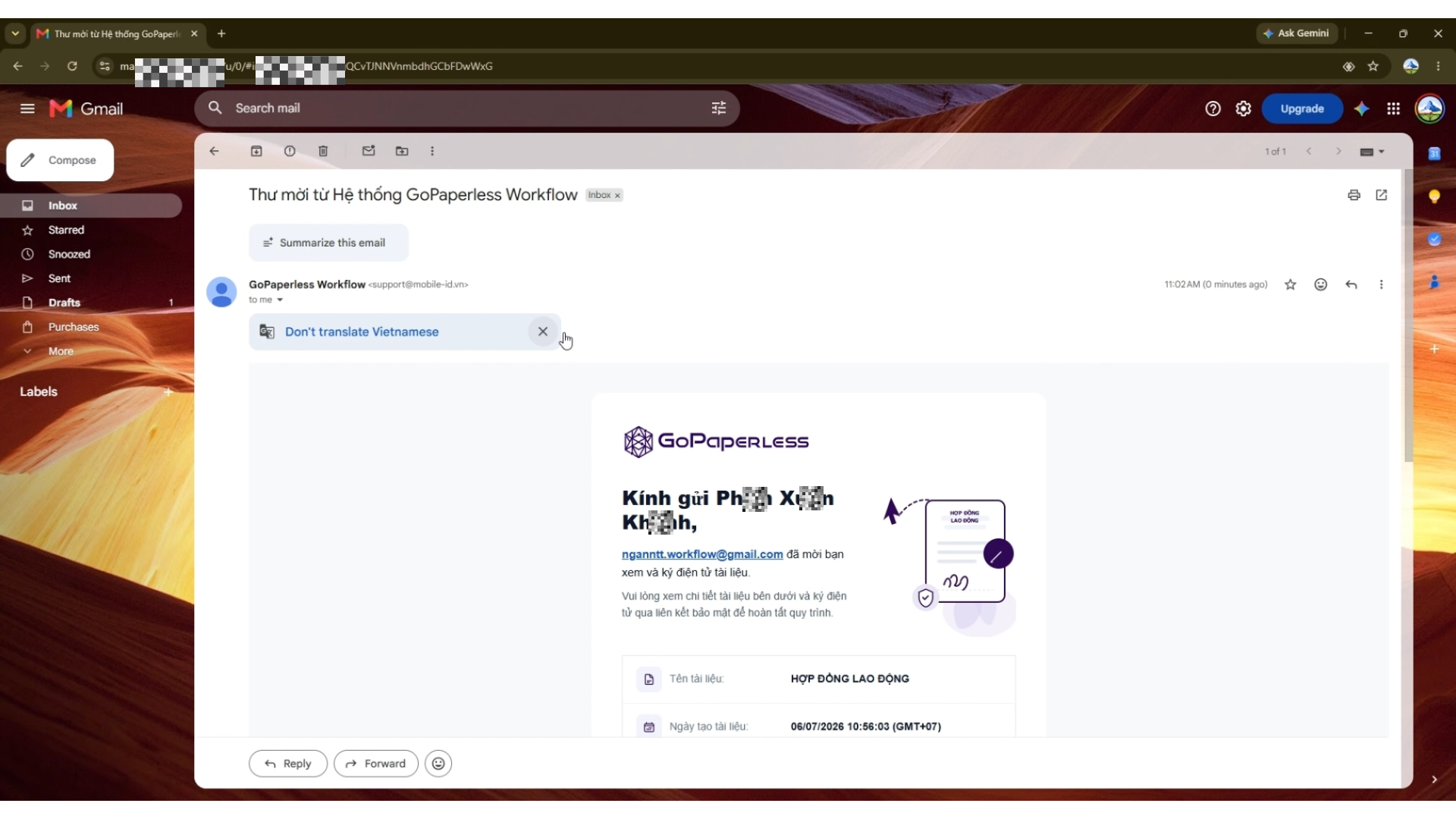 Thao tác truy cập đường dẫn hợp đồng lao động điện tử từ email thông báo